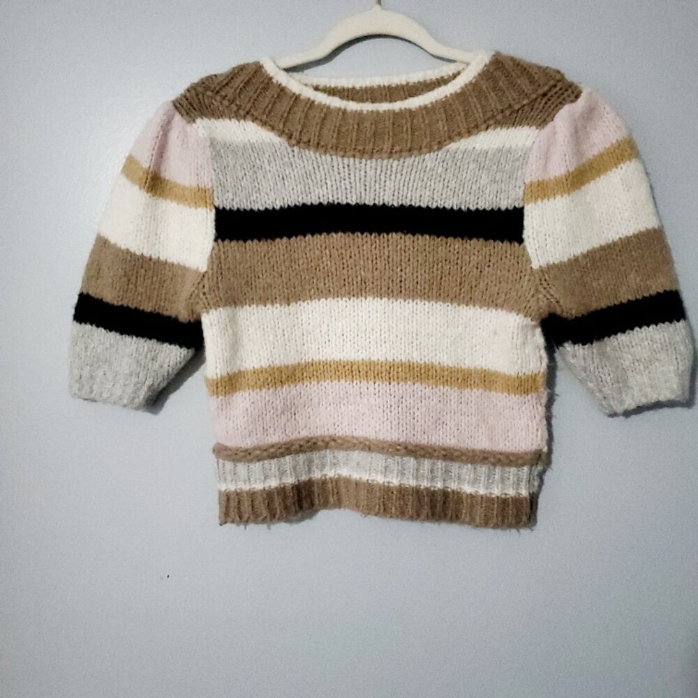 Free People Foxy Stripe Pullover Sweater Puff Sleeve Size XS Cozy Crew Neck